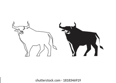 One Line Drawing Bull Icon. Continuous Line Draw Ox Logo Silhouette In Sketch Art Style, Wild Cattle Symbol, Bovine Single Outline Vector Illustration