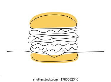 One line drawing of burger. Fast food hamburger with colorful abstract spots, cafe menu and restaurant concept for logo and posters. Modern design street food logotype, vector illustration