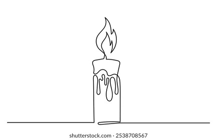 One line drawing of Burning fire candle. continuous line candlelight icon isolated on a white background. Hand-draw candle light flame vector illustration. candle for print, banner, logo, or symbol.