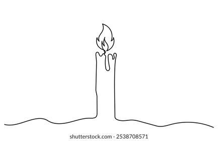 One line drawing of Burning fire candle. continuous line candlelight icon isolated on a white background. Hand-draw candle light flame vector illustration. candle for print, banner, logo, or symbol.