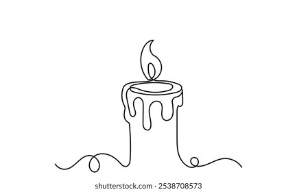 One line drawing of Burning fire candle. continuous line candlelight icon isolated on a white background. Hand-draw candle light flame vector illustration. candle for print, banner, logo, or symbol.