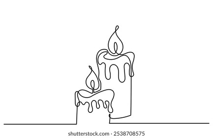 One line drawing of Burning fire candle. continuous line candlelight icon isolated on a white background. Hand-draw candle light flame vector illustration. candle for print, banner, logo, or symbol.