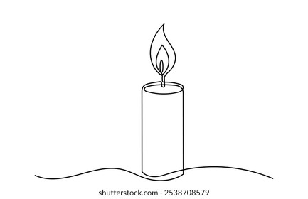 One line drawing of Burning fire candle. continuous line candlelight icon isolated on a white background. Hand-draw candle light flame vector illustration. candle for print, banner, logo, or symbol.