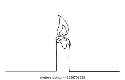 One line drawing of Burning fire candle. continuous line candlelight icon isolated on a white background. Hand-draw candle light flame vector illustration. candle for print, banner, logo, or symbol.