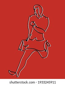 One line drawing of business woman running.
One continuous line drawing of business woman running with briefcase