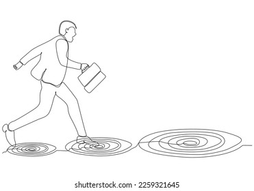 One line drawing of businessman jumping on bigger target, succeeding. Progress in career or business growth concept. Aspirations and motivations. Vector graphic of continuous line drawing design