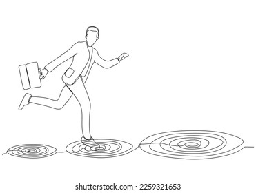 One line drawing of businessman jumping on bigger target, succeeding. Progress in career or business growth concept. Aspirations and motivations. Vector graphic of continuous line drawing design