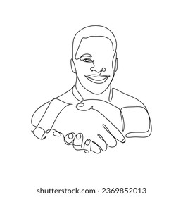 One line drawing businessman. Two smiling businessmen shaking hands together, shaking hands to seal a deal with his partner.
