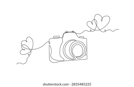 One Line Drawing of Camera with Heart Shaped Line, Travel Photography, Love and Memories Concept, Minimalist Continuous Line Art