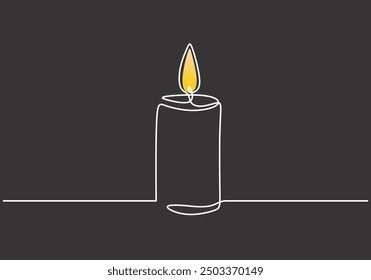 Dibujo de una línea de luz de vela sobre un fondo oscuro. Diseño de línea continua minimalista para ilustraciones navideñas.