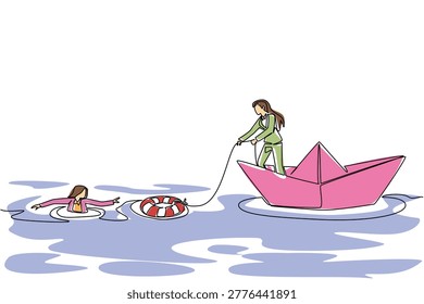 One line drawing capturing a beauty businesswoman standing inside a paper boat tossing a lifesaver to a drowning friend in the sea. Employee support business concept suitable for a seminar banner.