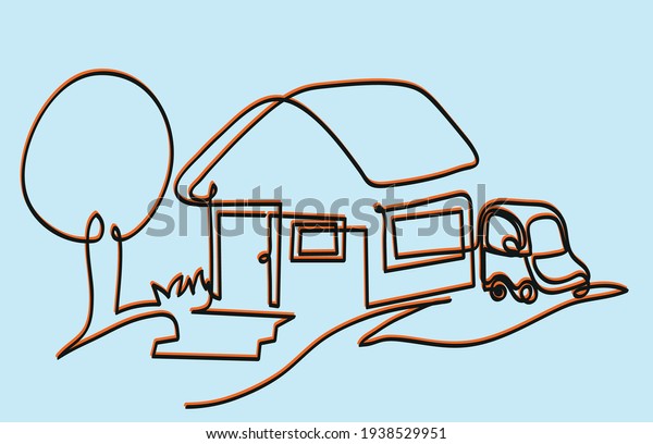 One line drawing of car\
and house.\
One continuous line drawing of house and car on meadow\
in summer