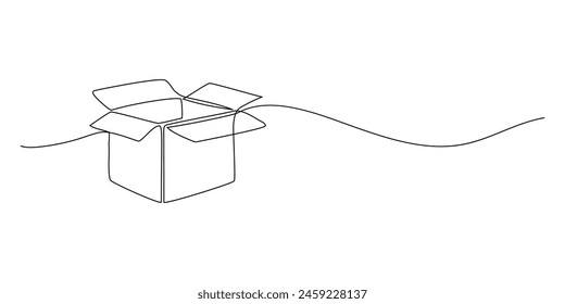 Una línea de dibujo de caja de cartón sobre fondo blanco Concepto de compras en línea, entrega rápida, caja de cartón, entrega y embalaje. Caja de cartón, moviéndose en estilo garabato. Ilustración vectorial