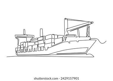 One line drawing of a cargo shipping ship with containers on board. Courier cargo delivering vehicle transportation concept. Single continuous line draw design