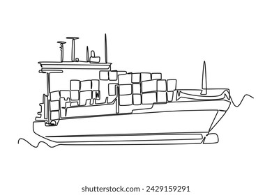 One line drawing of a cargo shipping ship with containers on board. Courier cargo delivering vehicle transportation concept. Single continuous line draw design