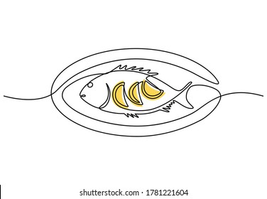 One line drawing of carp fish restaurant logotype template concept. Grilled seafood with lemon wedges for cafe shop logo. Modern single line design for posters, vector illustration