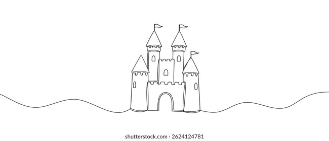 Um desenho de linha de um castelo. Forte que contém uma atmosfera de conto de fadas. Desenhado em um estilo linear, ilustração vetorial.