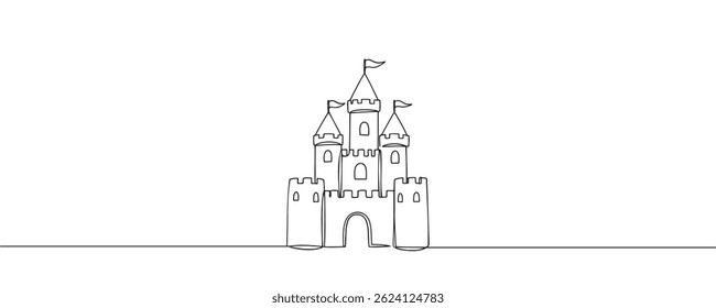 Um desenho de linha de um castelo. Forte que contém uma atmosfera de conto de fadas. Desenhado em um estilo linear, ilustração vetorial.