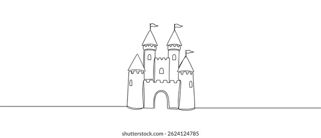 Um desenho de linha de um castelo. Forte que contém uma atmosfera de conto de fadas. Desenhado em um estilo linear, ilustração vetorial.
