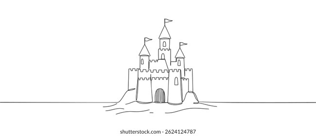 Um desenho de linha de um castelo. Forte que contém uma atmosfera de conto de fadas. Desenhado em um estilo linear, ilustração vetorial.
