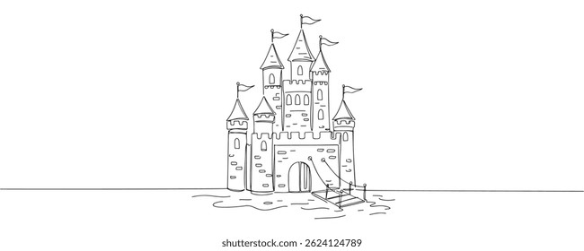 Um desenho de linha de um castelo. Forte que contém uma atmosfera de conto de fadas. Desenhado em um estilo linear, ilustração vetorial.