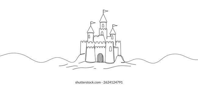 Um desenho de linha de um castelo. Forte que contém uma atmosfera de conto de fadas. Desenhado em um estilo linear, ilustração vetorial.