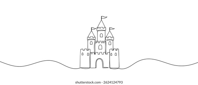 Um desenho de linha de um castelo. Forte que contém uma atmosfera de conto de fadas. Desenhado em um estilo linear, ilustração vetorial.