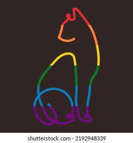  One line drawing cat in the color of the rainbow, the LGBT flag.Poster, Vector on a dark background. All elements are isolated