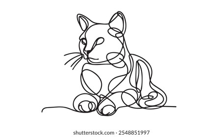 One line drawing. Cat sitting with curled tail