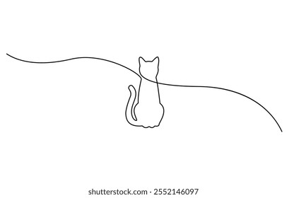 One line drawing. Cat sitting with curled tail, Cat continuous one line stylish vector sketch art, Silhouette of abstract cat in one line drawing on white background vector illustration.