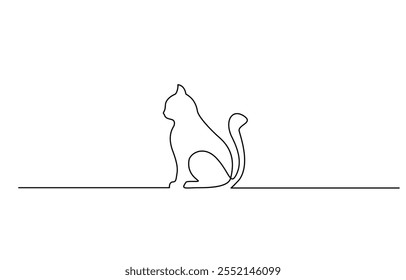 One line drawing. Cat sitting with curled tail, Cat continuous one line stylish vector sketch art, Silhouette of abstract cat in one line drawing on white background vector illustration.