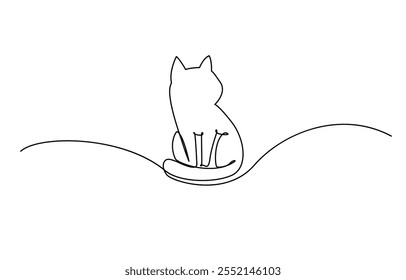 One line drawing. Cat sitting with curled tail, Cat continuous one line stylish vector sketch art, Silhouette of abstract cat in one line drawing on white background vector illustration.