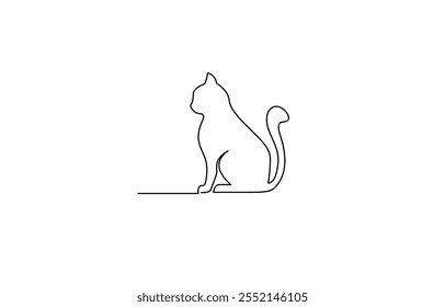 One line drawing. Cat sitting with curled tail, Cat continuous one line stylish vector sketch art, Silhouette of abstract cat in one line drawing on white background vector illustration.