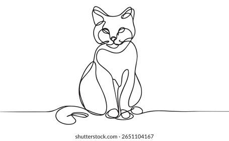 One line drawing. Cat sitting with curled tail