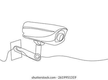 One line drawing of CCTV security camera mounted on wall. Minimalist continuous line art for surveillance and technology concept. Vector illustration, Editable stroke