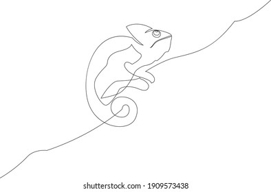 One Line Drawing Of Chameleon. Continuous Line Illustration On White Background.