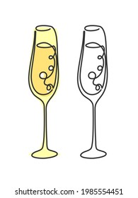 One line drawing champagne glass on white background. Two kinds colored cartoon graphic sketch and black white. Continuous line way. Hand drawn party drinks concept. Freehand drawing style. Vector.