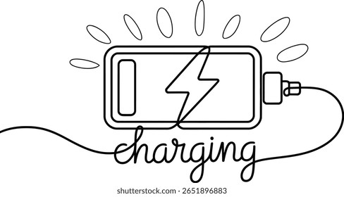 One Line Drawing of a Charging Battery with Power Cable and Lightning Symbol