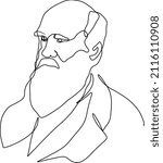 One line drawing of Charles Darwin portrait, hand drawn minimalist modern abstract vector illustration