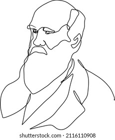 One line drawing of Charles Darwin portrait, hand drawn minimalist modern abstract vector illustration