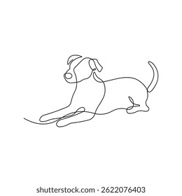 One line drawing of a cheerful dog playing. Minimalist black line puppy sketch, vector illustration isolated on white background