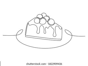 Сontinuous one line drawing of cheesecake with cherries for logo. Hand drawn piece of cake minimalist design, cafe and bakery concept. Vector illustration isolated on white background
