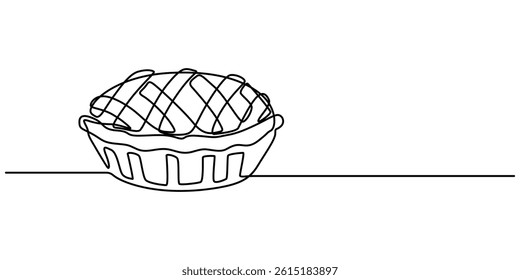 one line drawing of cheesecake with cherries. Hand drawn piece of cake, one continuous line drawing of pie cake on plate isolated on white background. Food concept vector, Apple Pie Line icon, Sketch.
