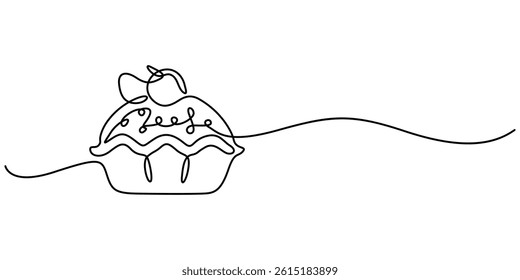 one line drawing of cheesecake with cherries. Hand drawn piece of cake, one continuous line drawing of pie cake on plate isolated on white background. Food concept vector, Apple Pie Line icon, Sketch.