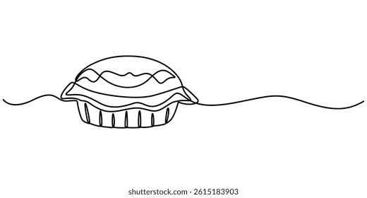 one line drawing of cheesecake with cherries. Hand drawn piece of cake, one continuous line drawing of pie cake on plate isolated on white background. Food concept vector, Apple Pie Line icon, Sketch.