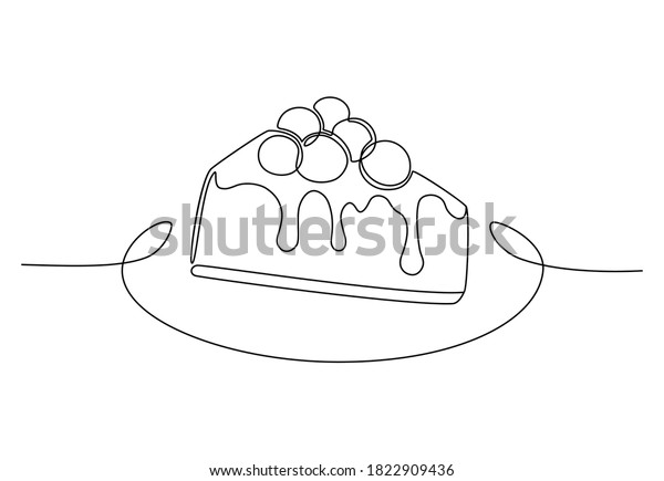 Сontinuous one\
line drawing of cheesecake with cherries for logo. Hand drawn piece\
of cake minimalist design, cafe and bakery concept. Vector\
illustration isolated on white\
background