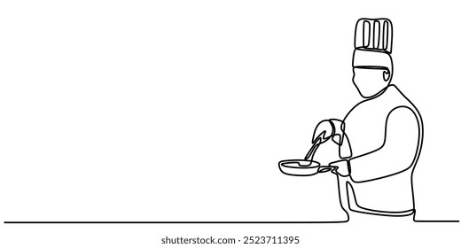 One line drawing of a chef cooking a meal. Minimalist depiction of a chef at work. Vector illustration.