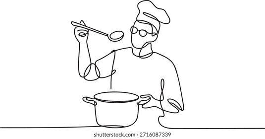 Dibujo de una línea de un chef en un sombrero, probando la comida con una cuchara de una olla de cocina, retratando la habilidad y la pasión culinarias. Esta obra de arte captura la esencia de la cocina, la preparación de alimentos gourmet y la experiencia en cocina. Perfecto para blogs de comida, menús de restaurantes o temas culinarios.