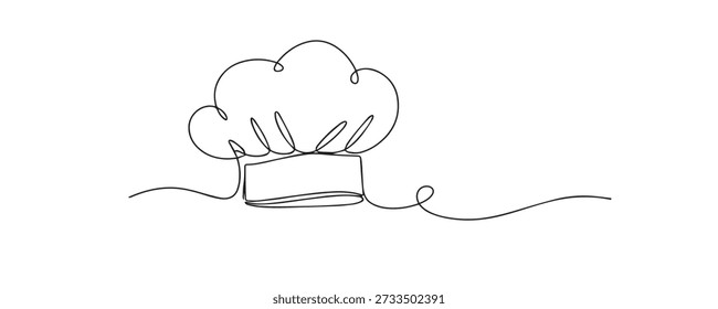 One line drawing of a chef hat symbolizing culinary profession, kitchen identity, and cooking expertise. Hand drawn continuous line highlighting food preparation, restaurant culture, and professional cooking.