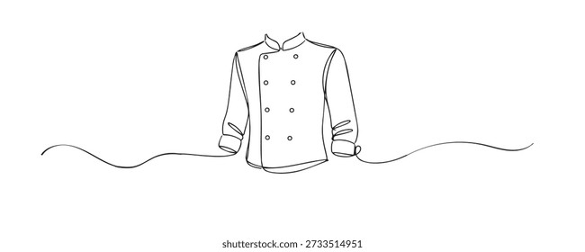 Un dibujo de línea de una chaqueta de chef, destacando un uniforme culinario profesional con un diseño clásico. Línea continua dibujada a mano que representa cocina, ropa de trabajo de cocina, hospitalidad y vestimenta de chef profesional.